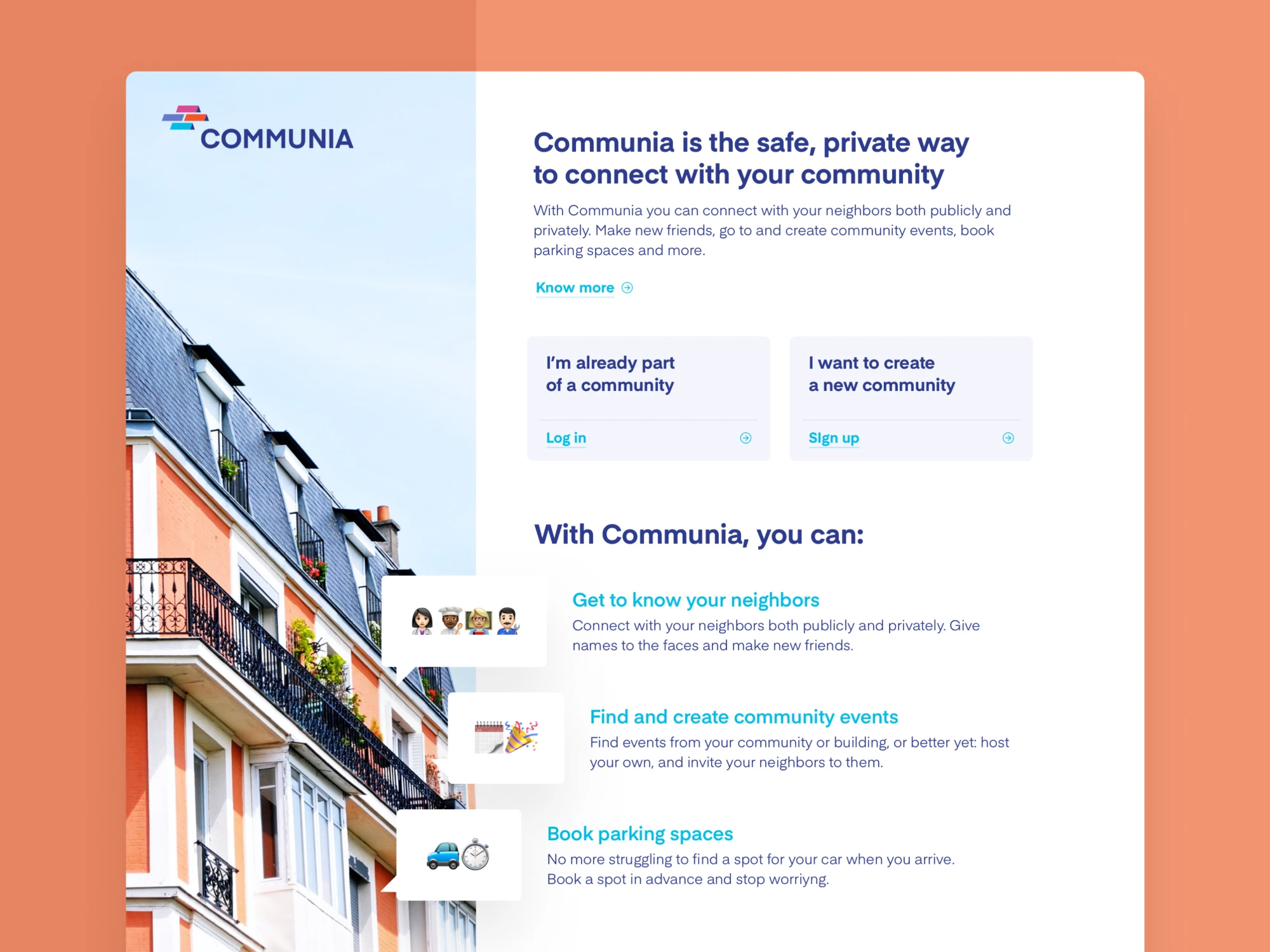 Communia landing page with log in and sign up cards