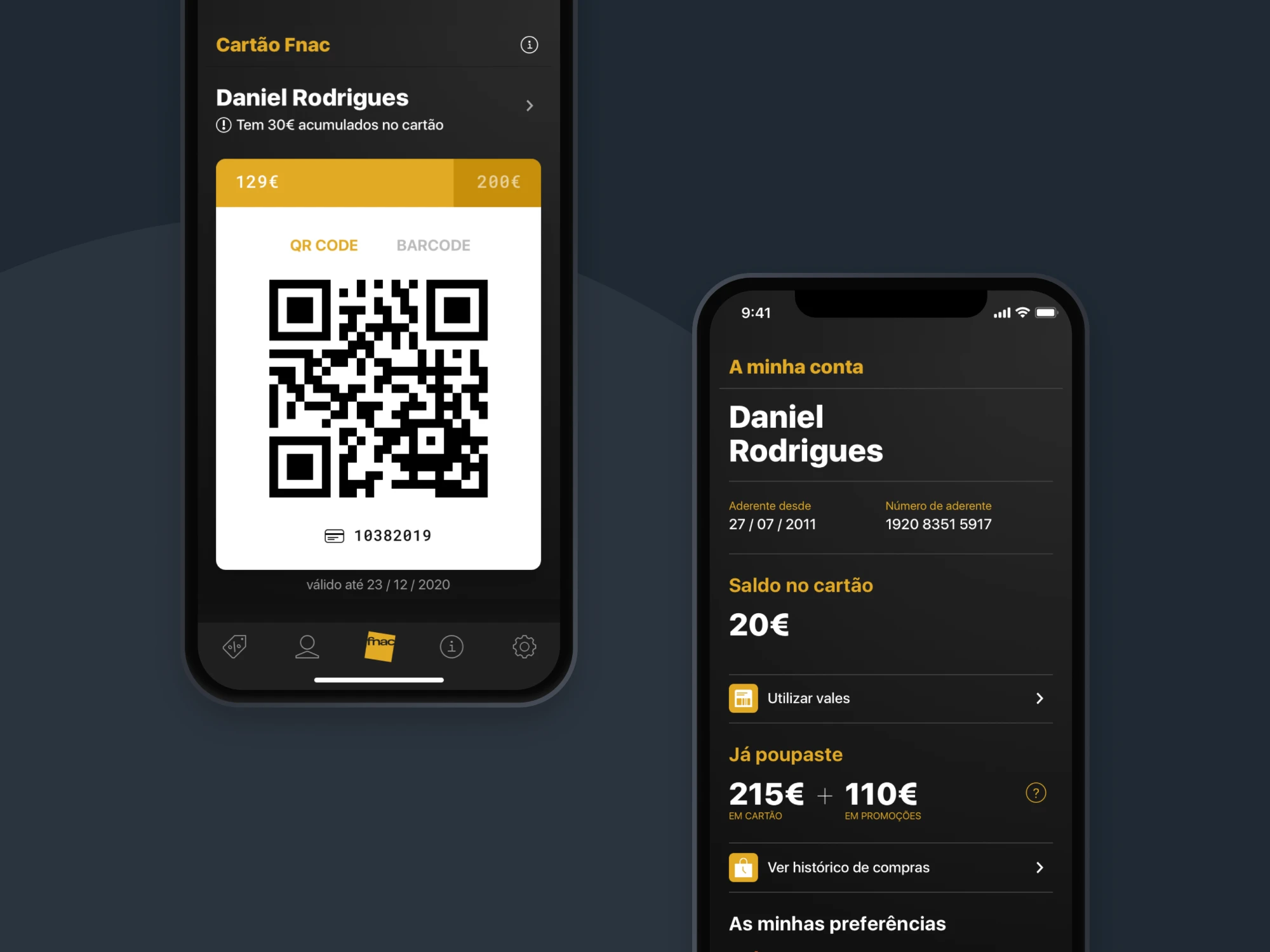 Fnac loyalty card app with QR code and account balance