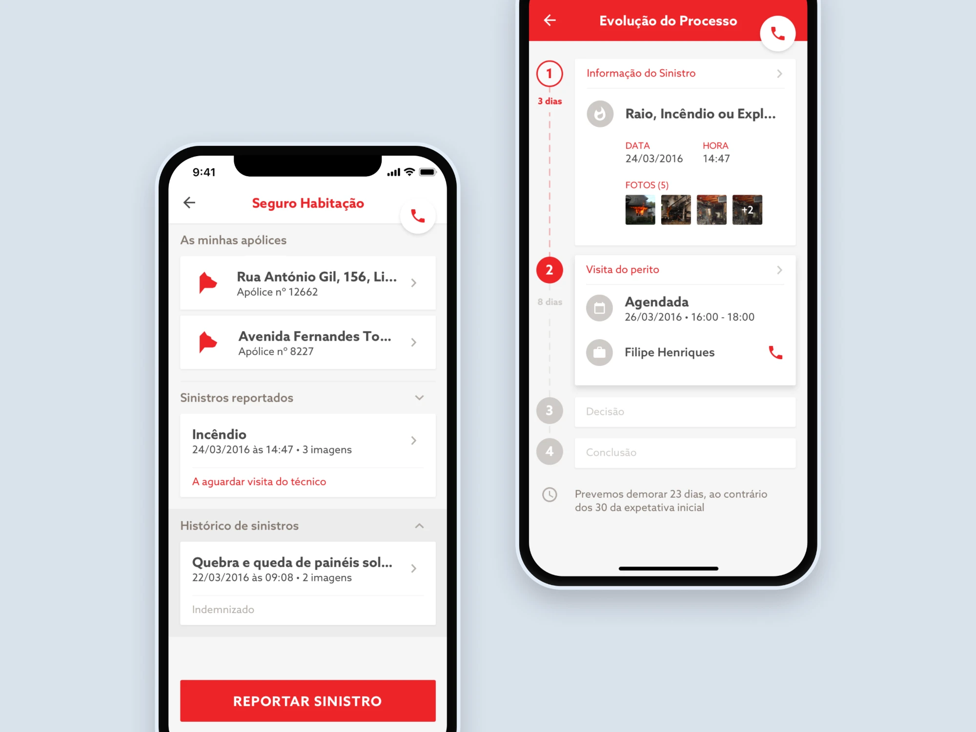 Home insurance app showing policies and claim progress