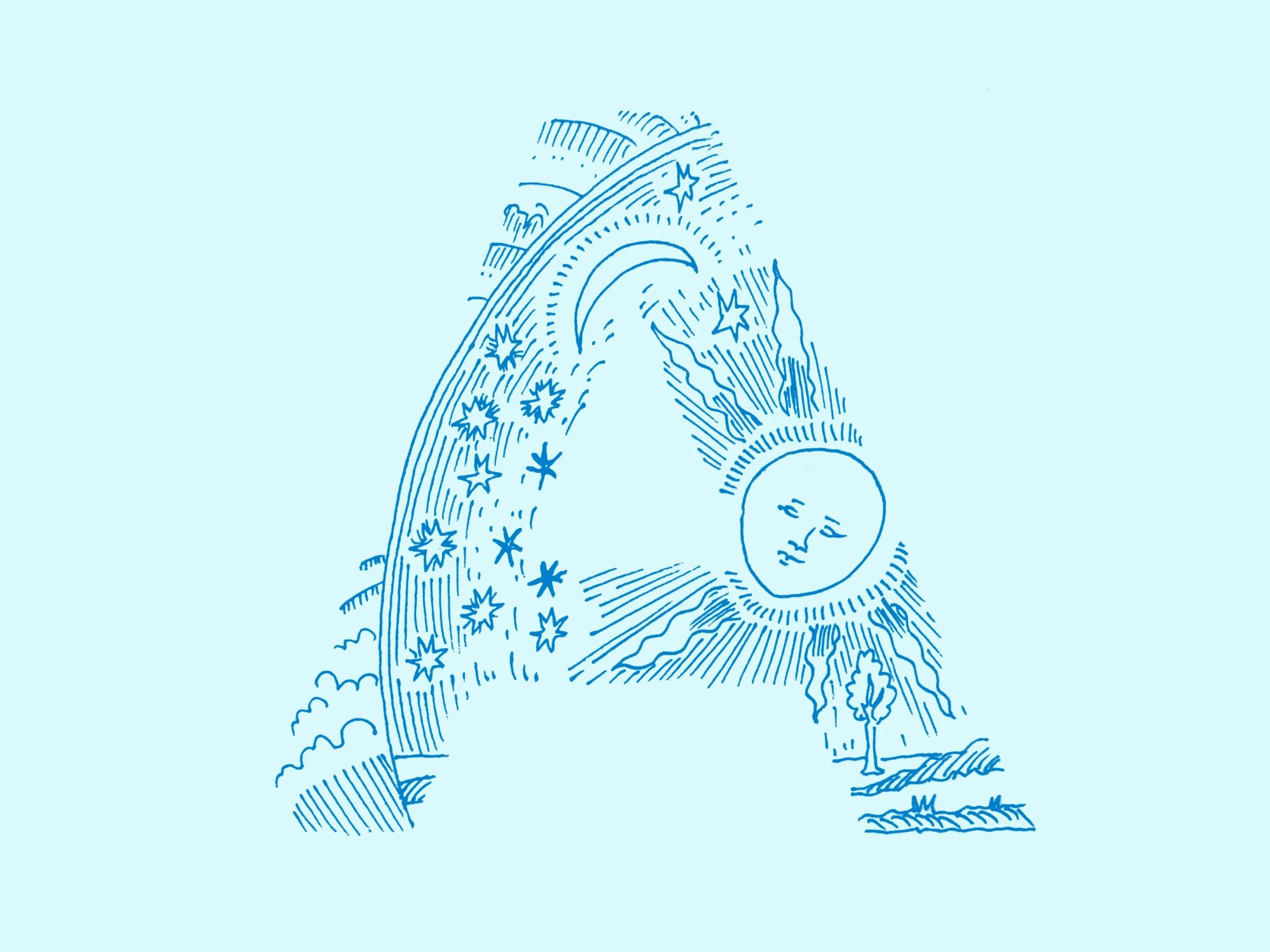 Hand-drawn letter A with sun, moon and stars