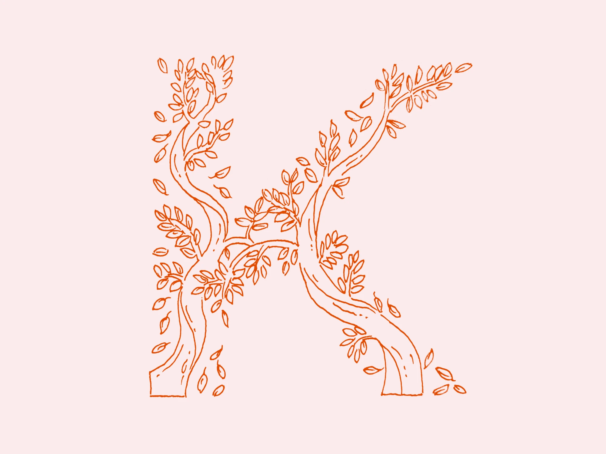 Hand-drawn letter K made of branches and leaves