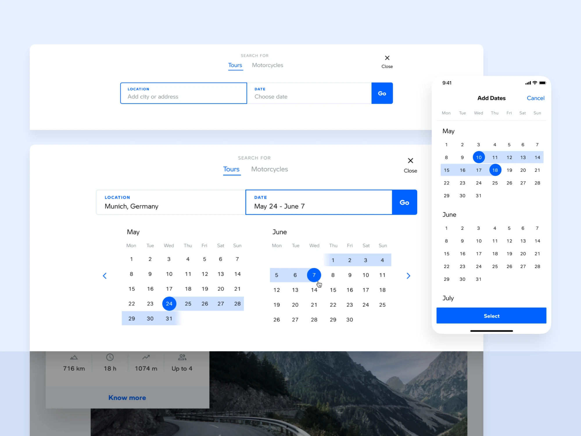 Rent-a-Ride search with date range calendar on desktop and mobile