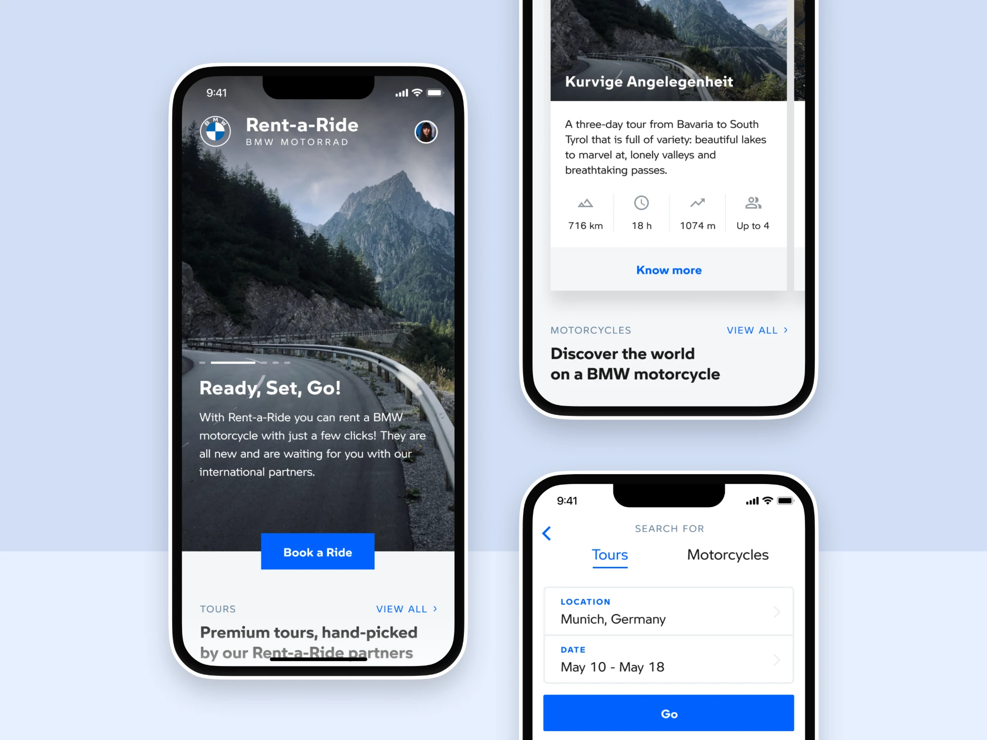 Rent-a-Ride mobile app home, tour card and search screens