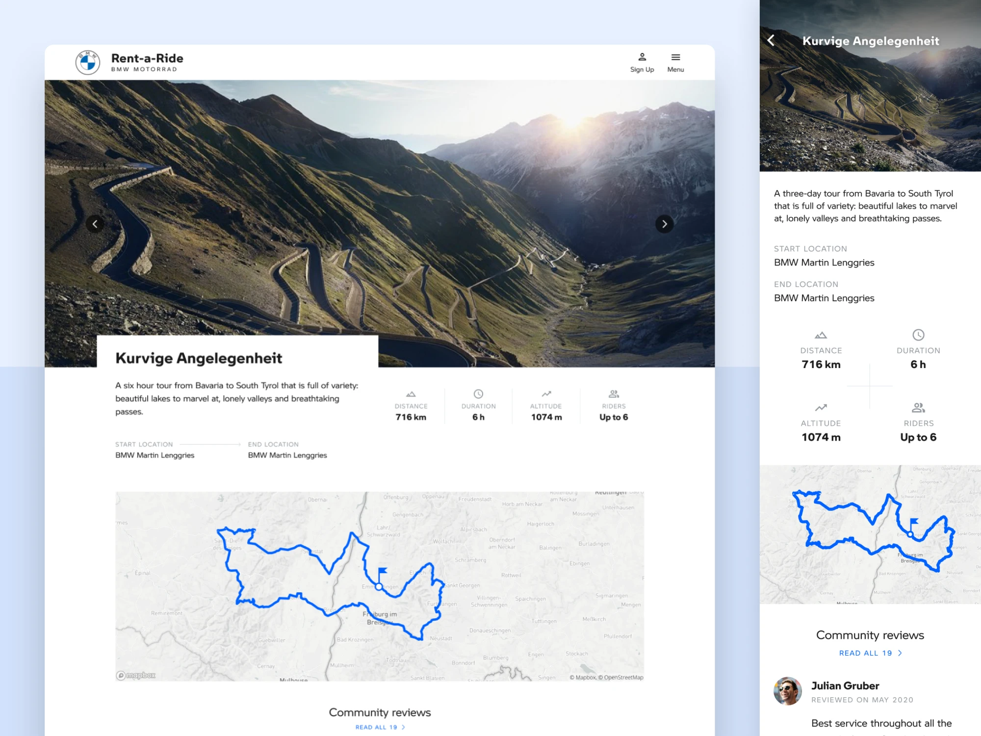Rent-a-Ride tour page with route map, stats and reviews on desktop and mobile