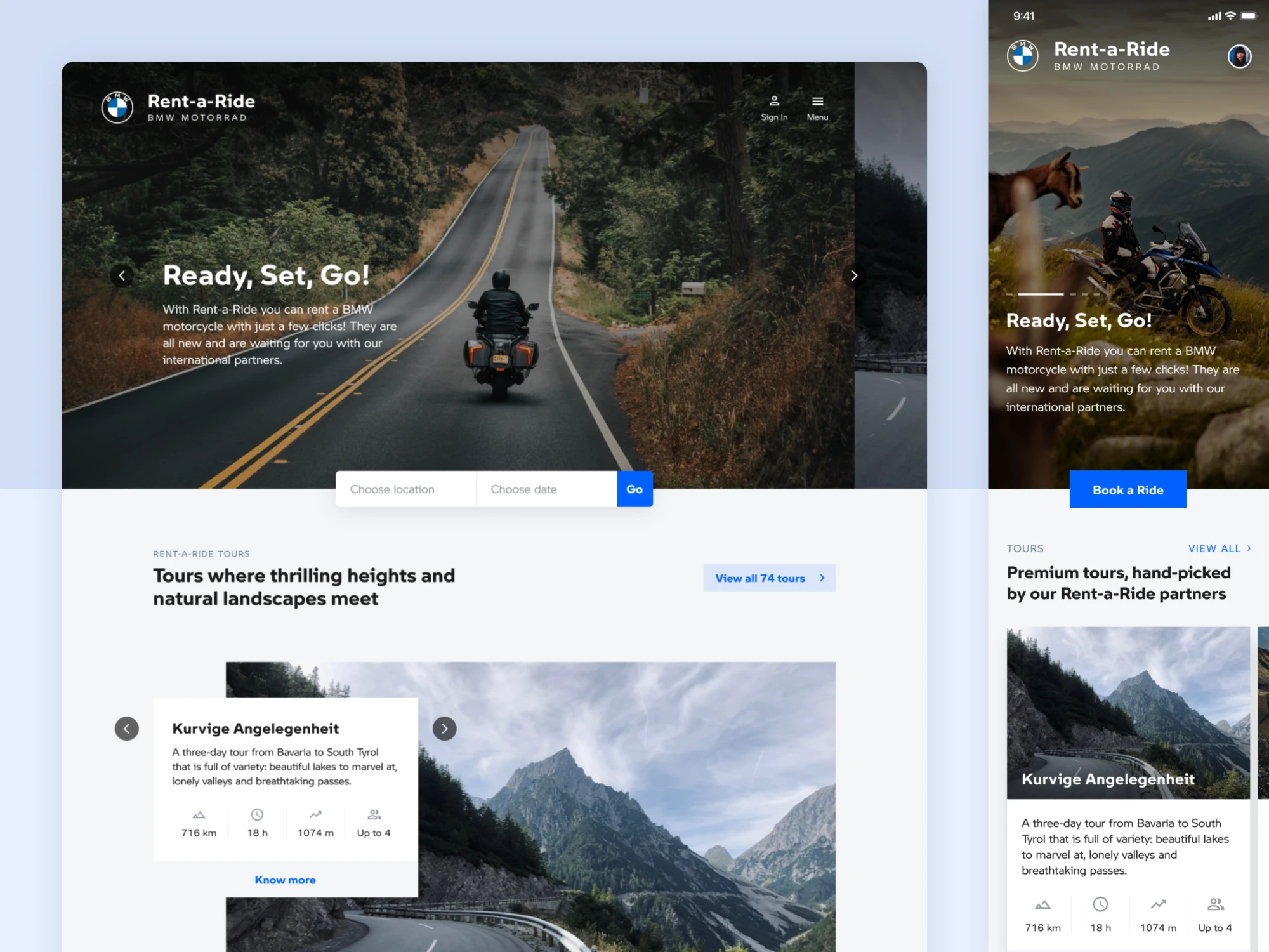 Rent-a-Ride BMW Motorrad website on desktop and mobile