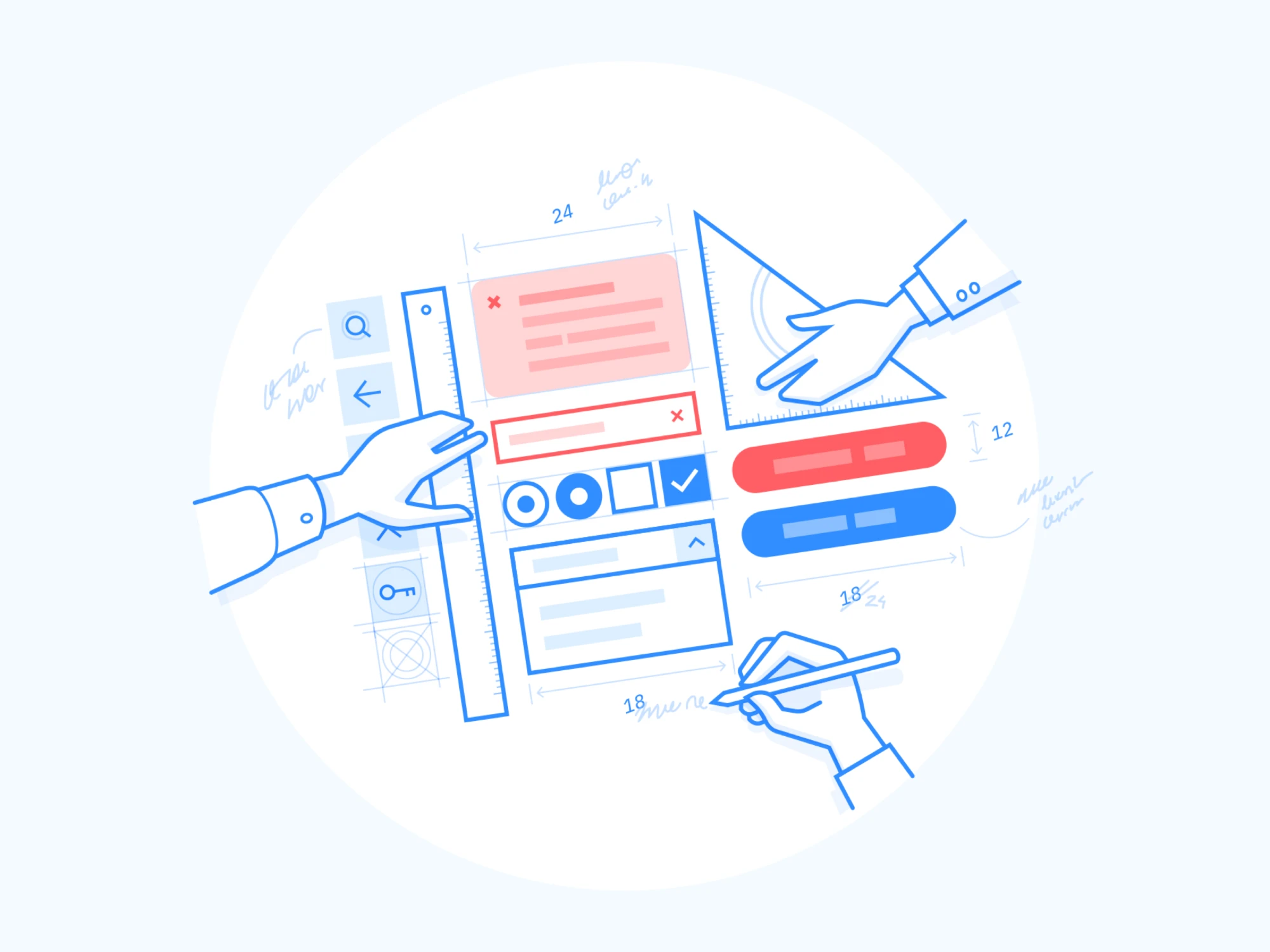 Illustration of hands drawing UI components with a ruler, set square and pen