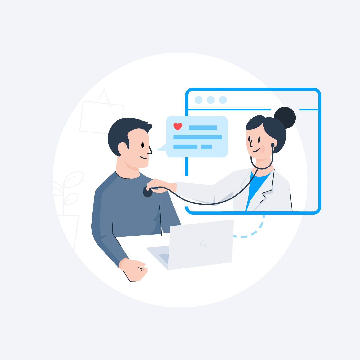 Illustration of a doctor examining a patient through a video call