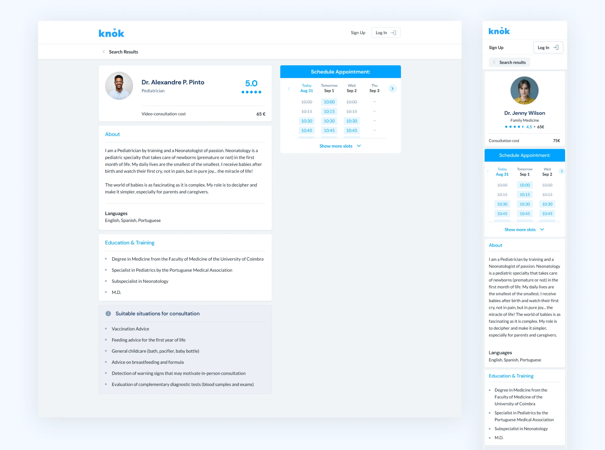 Doctor profile with appointment scheduling on desktop and mobile