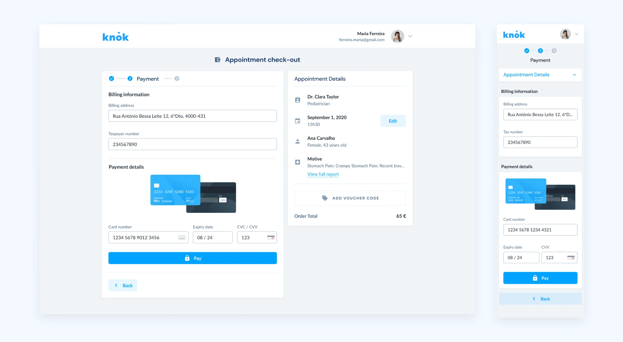 Appointment checkout with billing and payment details on desktop and mobile