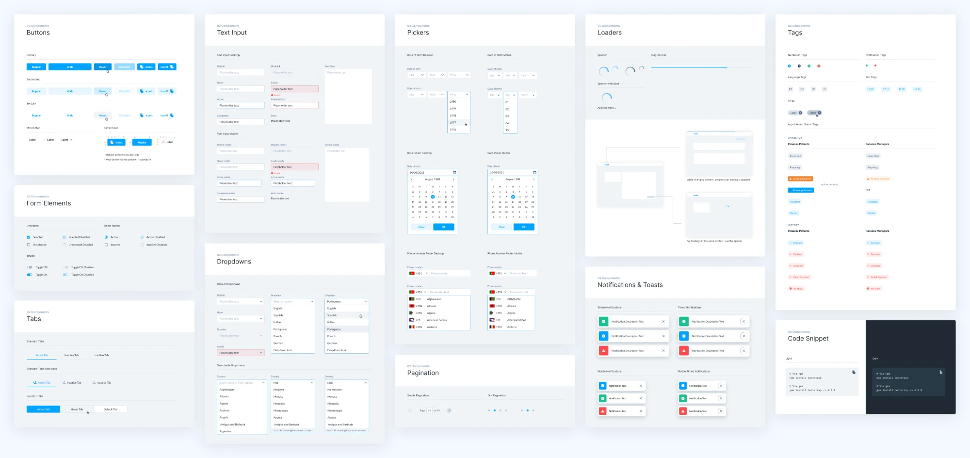 knok component library overview: buttons, text inputs, pickers, loaders, tags, form elements, dropdowns, pagination, notifications, tabs and code snippets