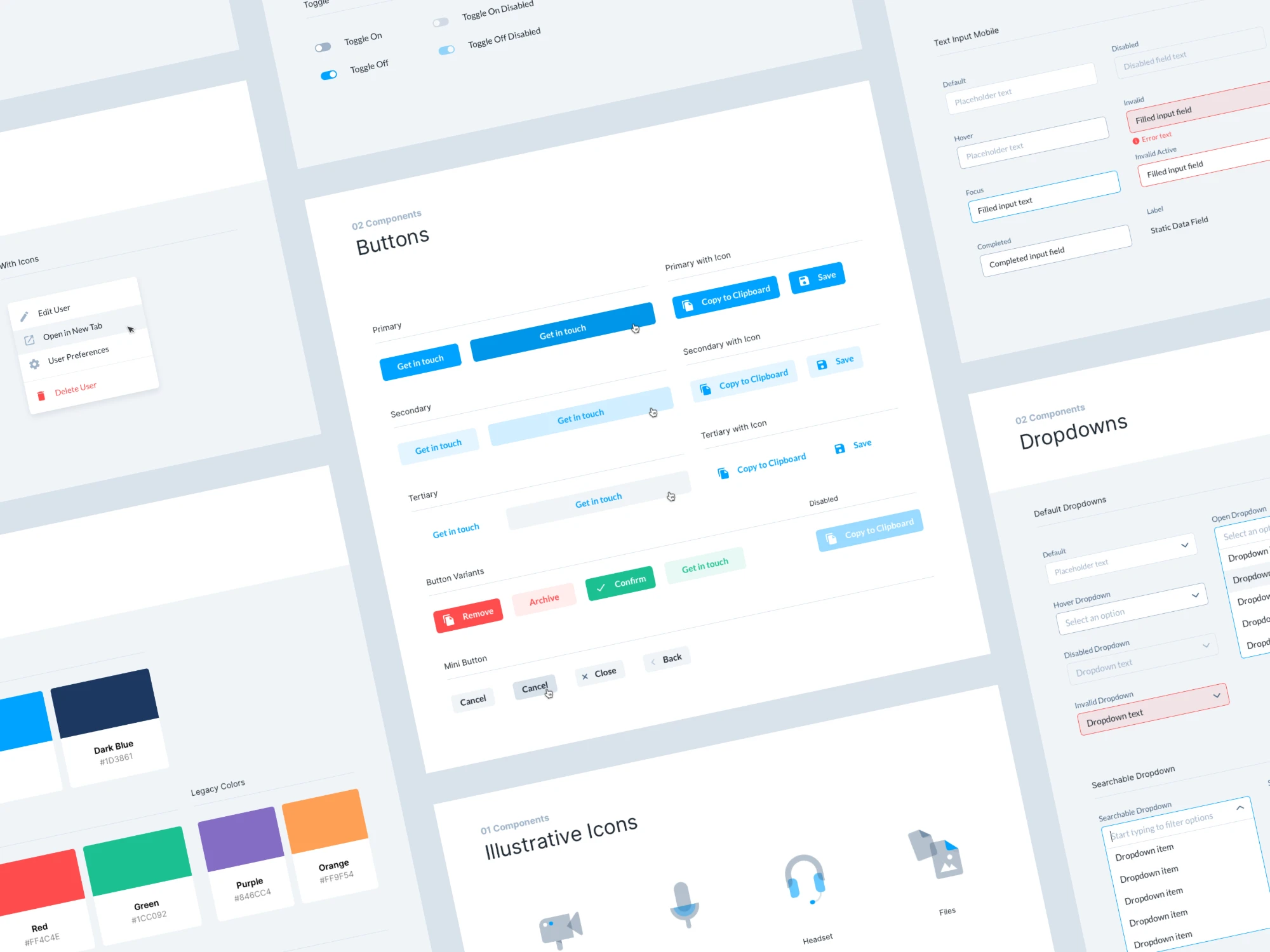 knok design system pages: buttons, dropdowns, text inputs, toggles, colors and illustrative icons