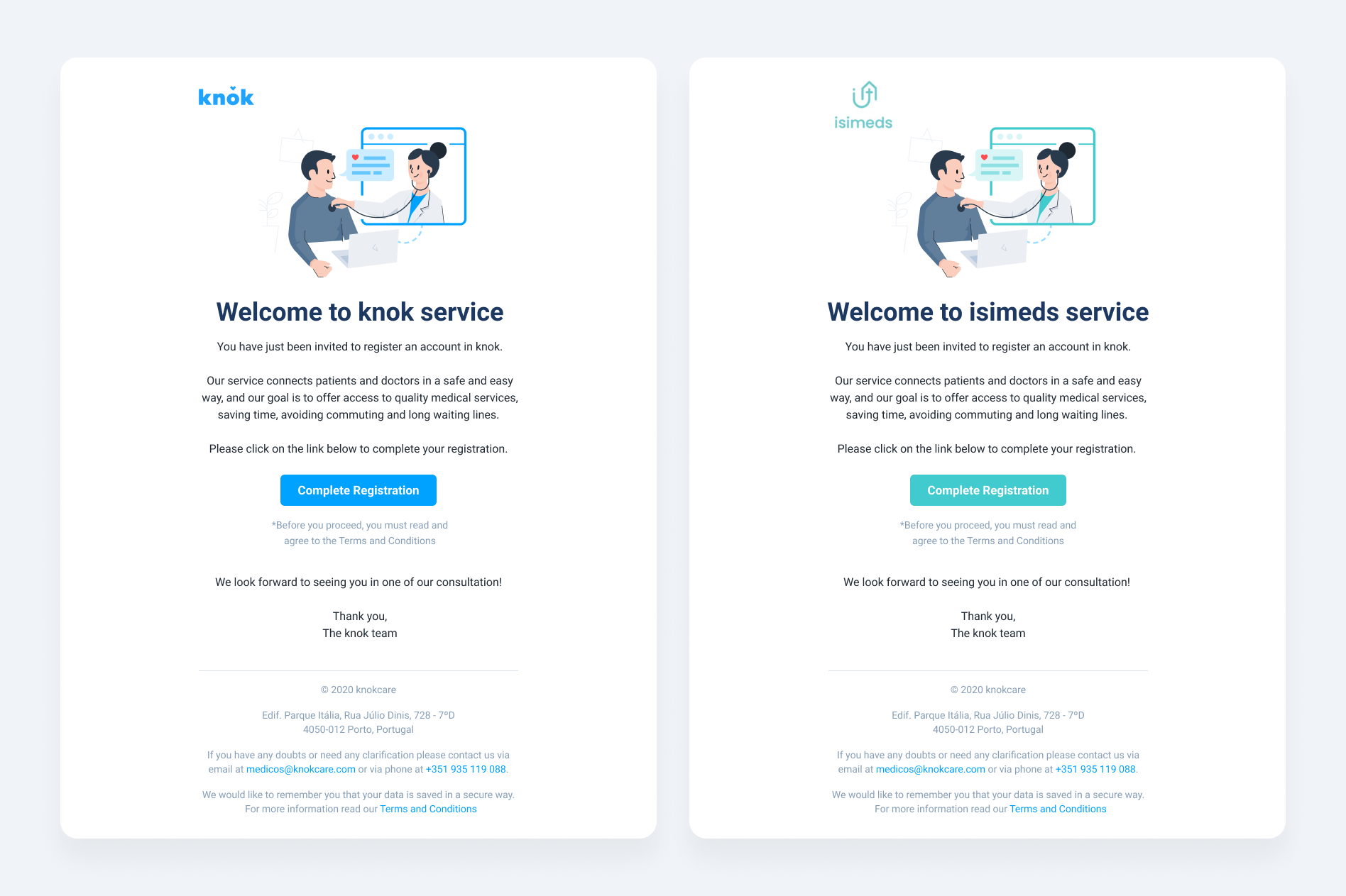 The same welcome email branded for knok and for the white-label partner isimeds