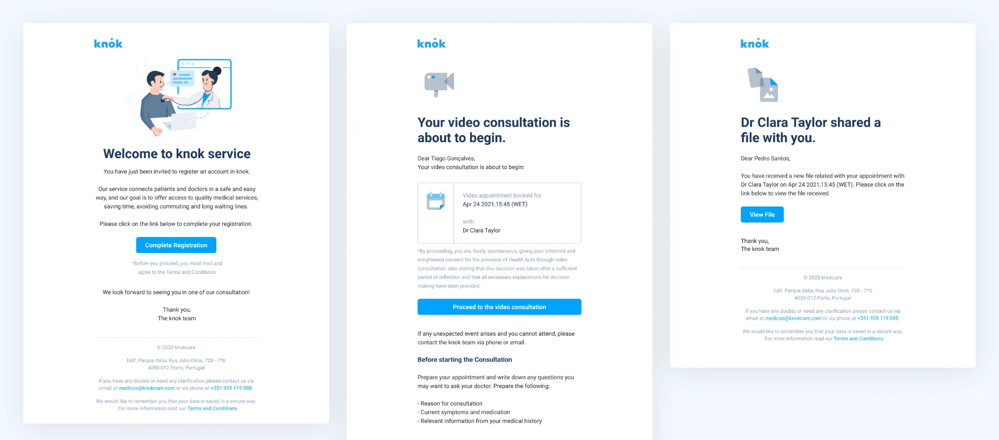 Three emails: welcome, video consultation about to begin, and a doctor sharing a file