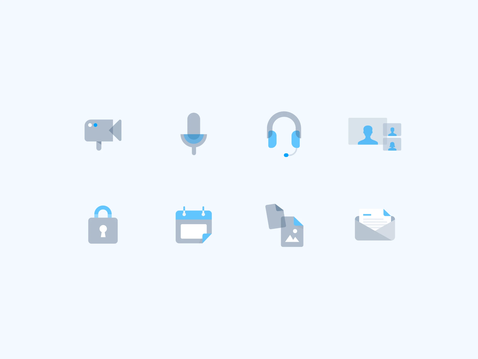 knok illustrative icons: camera, microphone, headset, video call, lock, calendar, files and email