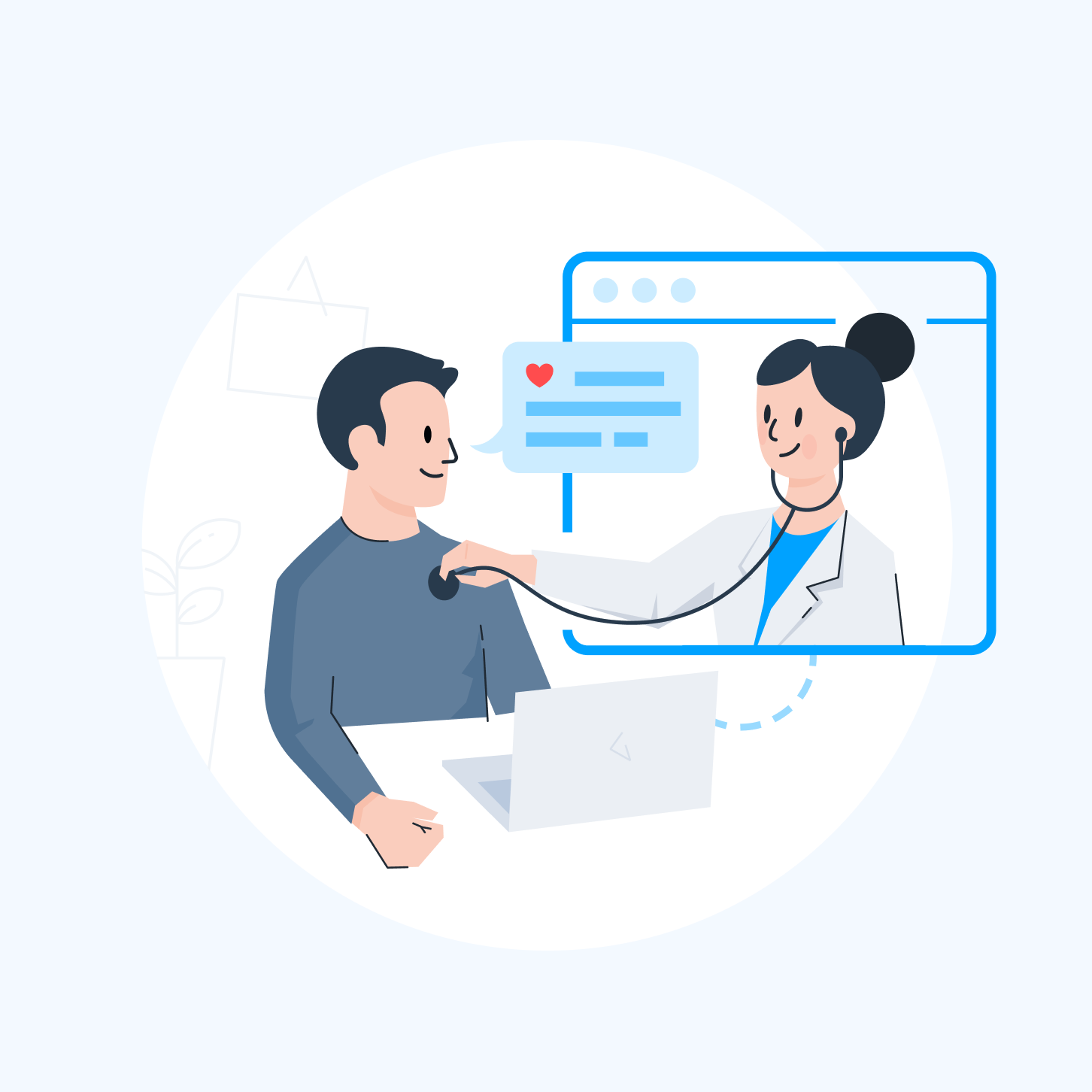Illustration of a patient on a laptop being examined by a doctor through a video call window
