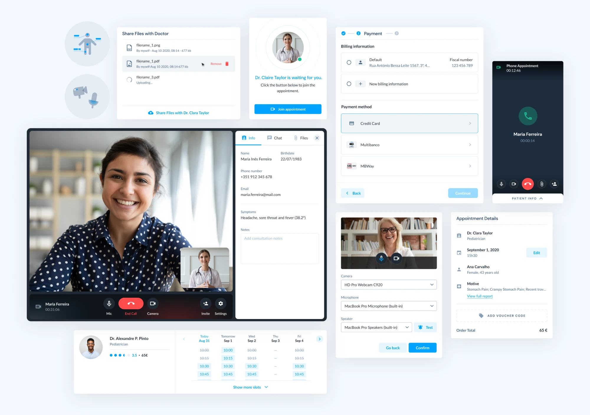 knok screens: patient symptom checker, file sharing, waiting room, video consultation with patient info, payment, device test and appointment booking