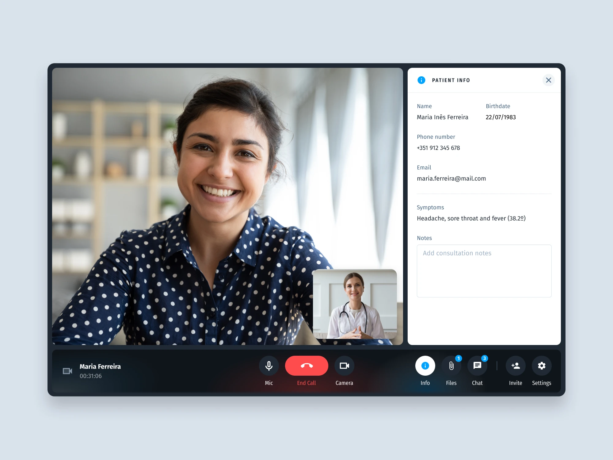 Doctor view of a video consultation with the patient info panel open