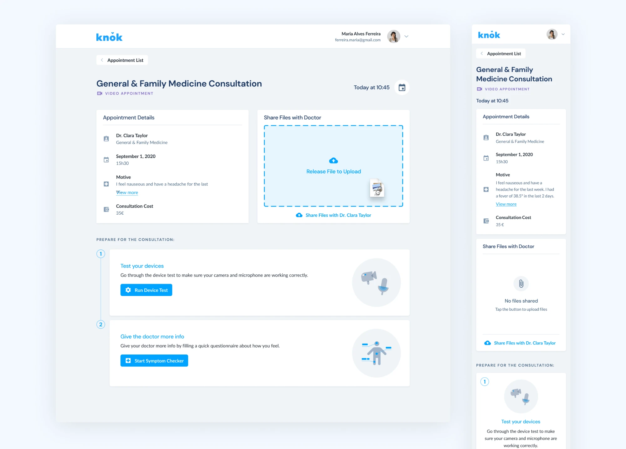 Waiting room with appointment details, file sharing and steps to prepare for the consultation, on desktop and mobile
