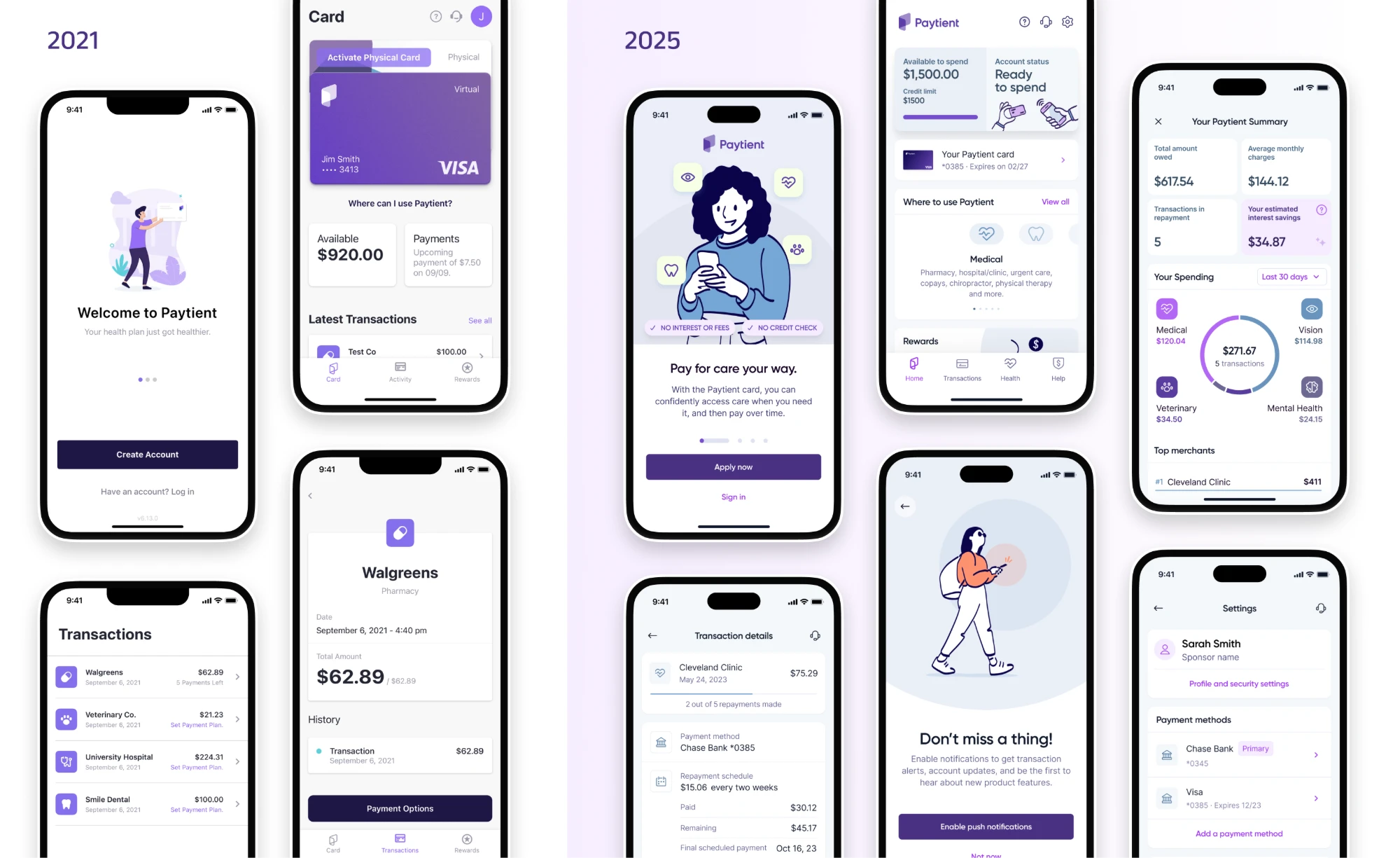 Paytient app in 2021 next to 2025: welcome, card, transactions and transaction detail screens, then the redesigned onboarding, home, summary, transaction details, notifications and settings