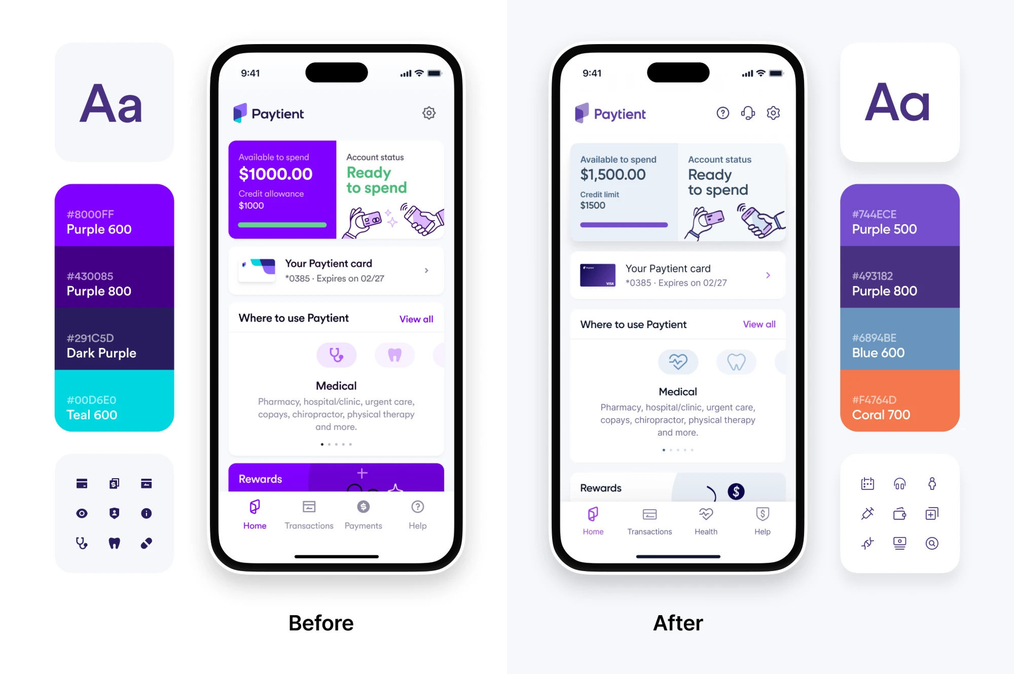 Paytient home screen before and after the rebrand, with the old and new type, colour palettes and icons