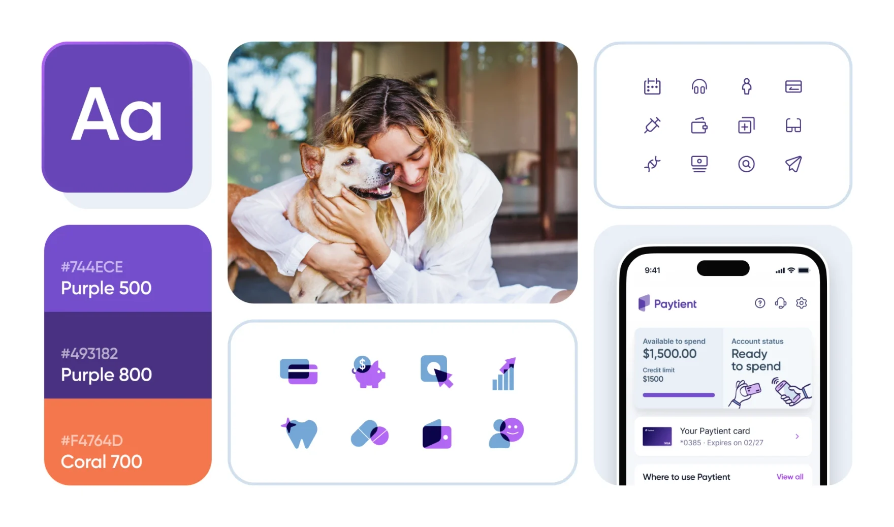 Paytient's visual language: type, colour palette, photography, icons and the mobile app home screen