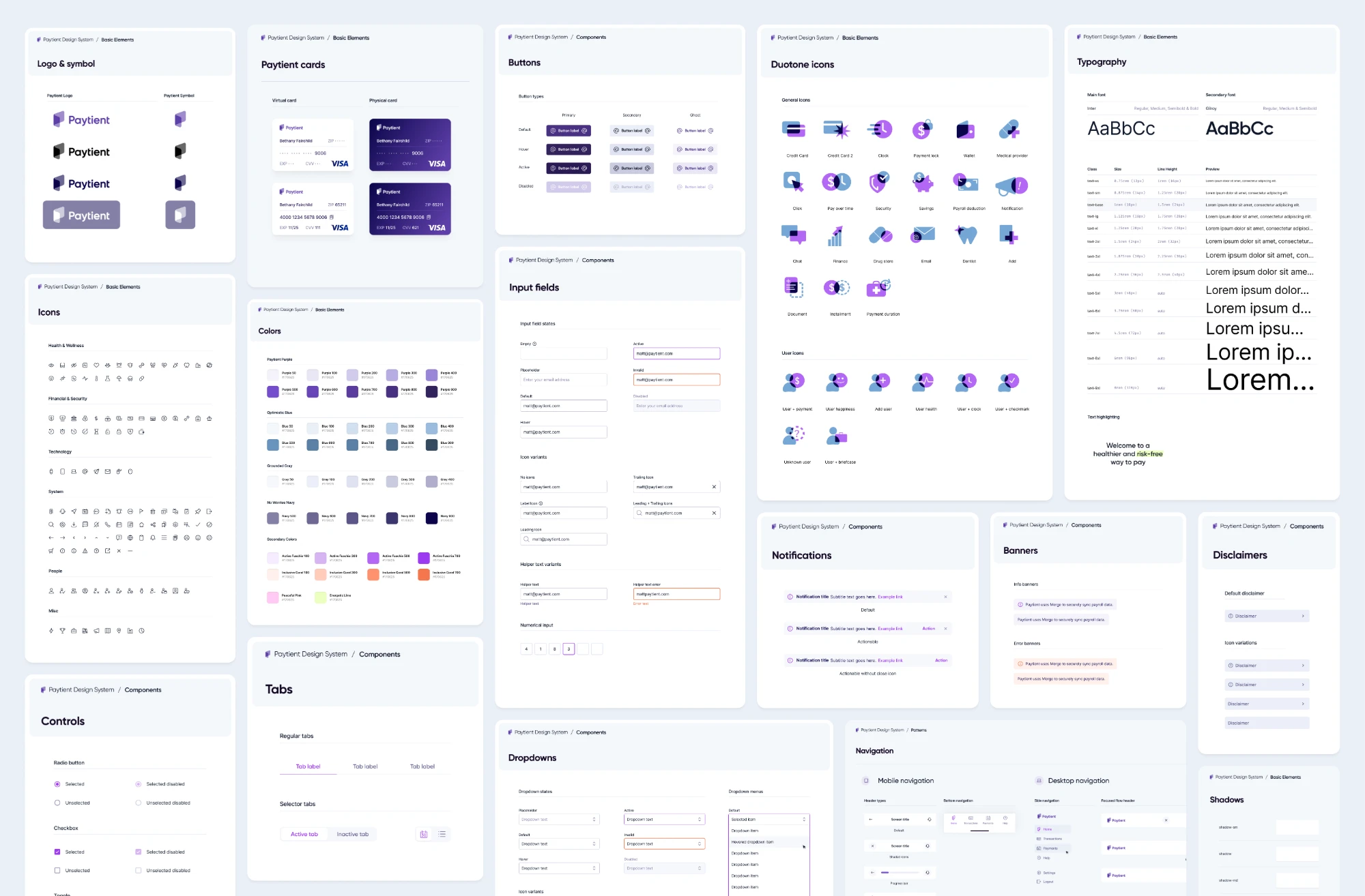 Paytient Design System 2.0 pages: logo, cards, buttons, icons, typography, colors, inputs, notifications, tabs, dropdowns and navigation