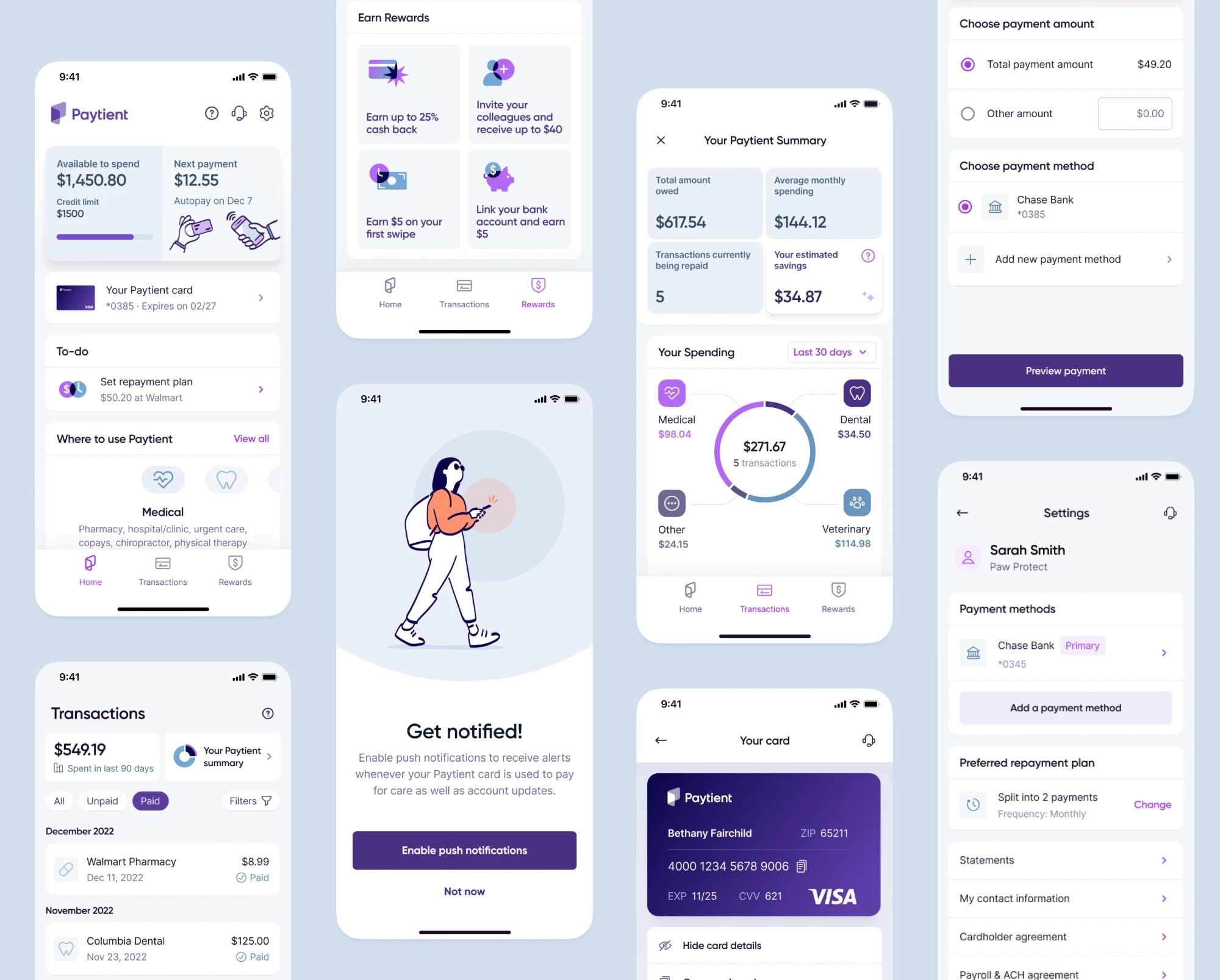 Paytient app screens: home, rewards, spending summary, transactions, notifications, card details, payments and settings