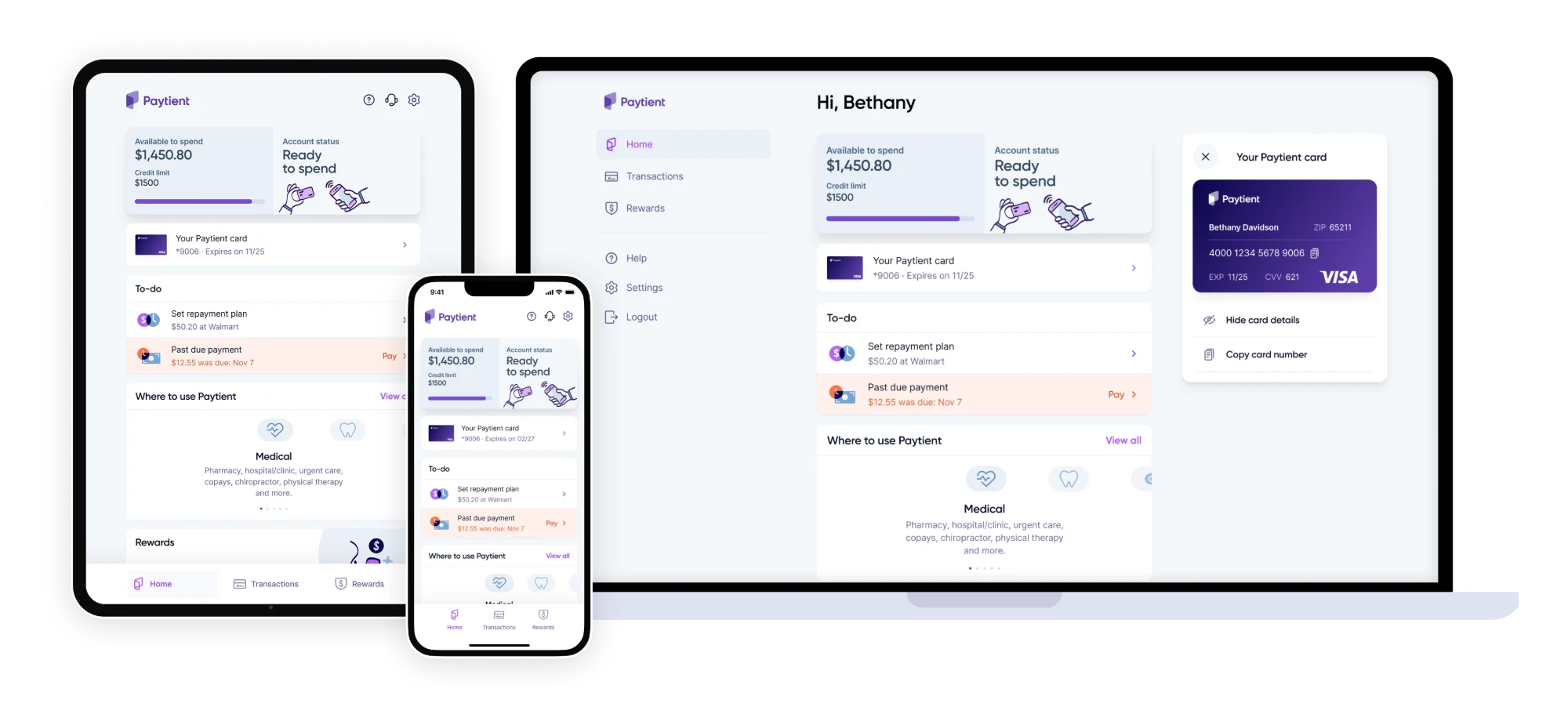 Paytient home screen on tablet, phone and desktop
