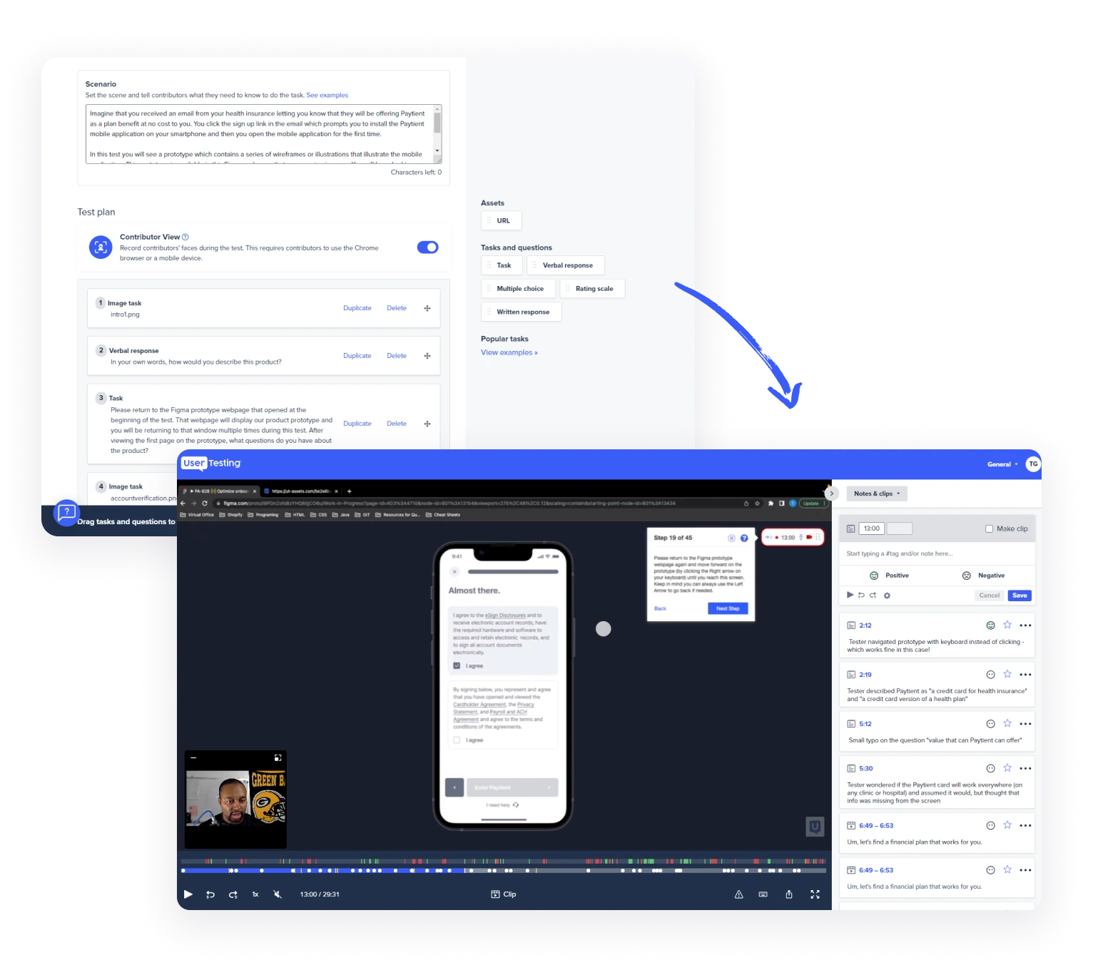 UserTesting.com test plan and a session recording of a tester going through the onboarding prototype, with timestamped notes