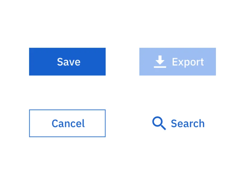 Button styles: primary, disabled, secondary and text with icon