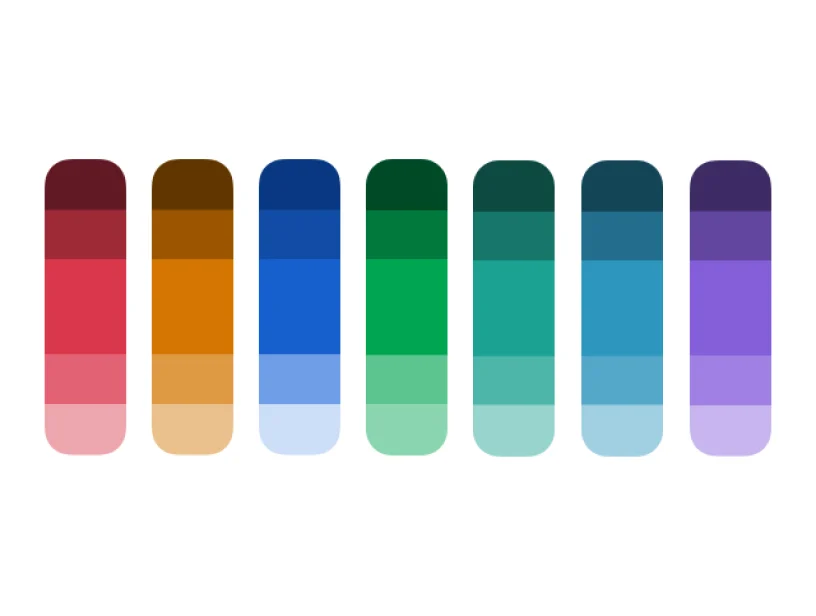 Radius color palette with seven hues in five shades