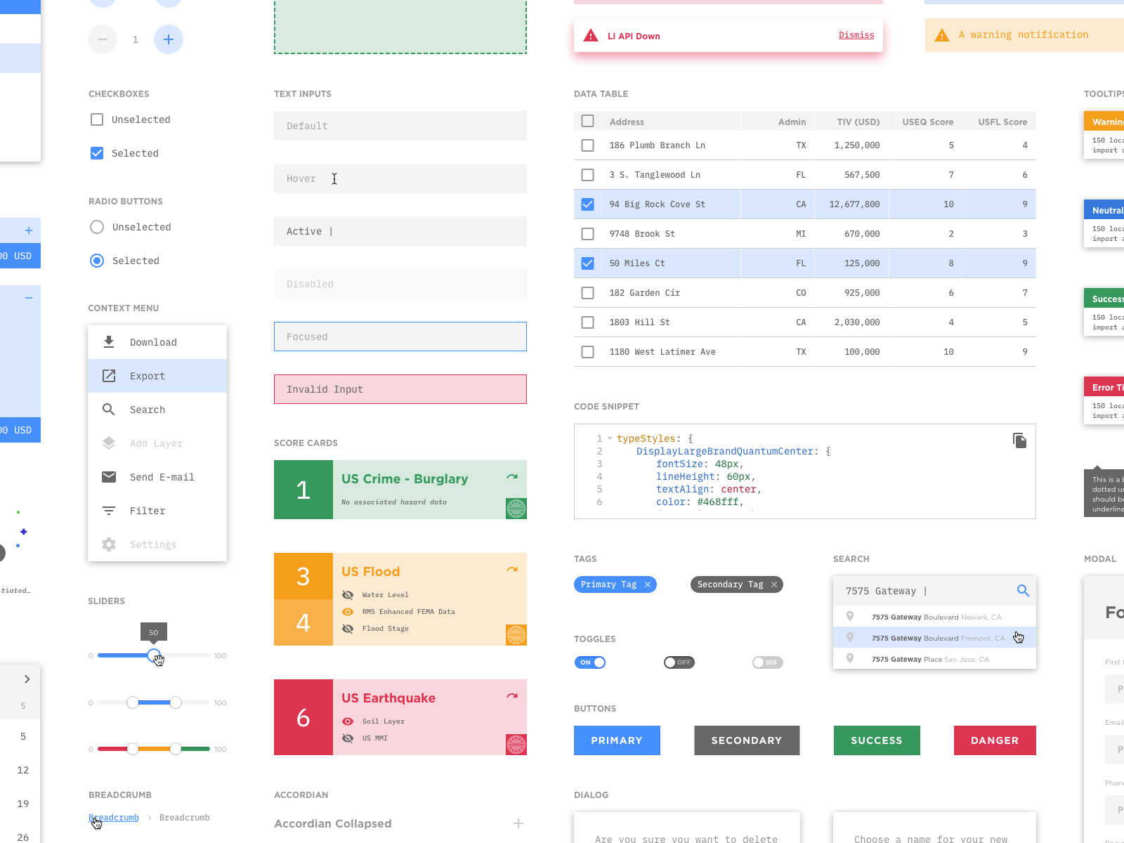 Radius components: checkboxes, inputs, data table, score cards, tags, toggles and buttons