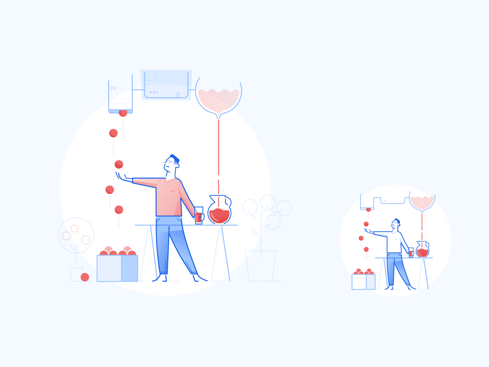 Illustration of a man turning raw data into juice, shown at two sizes