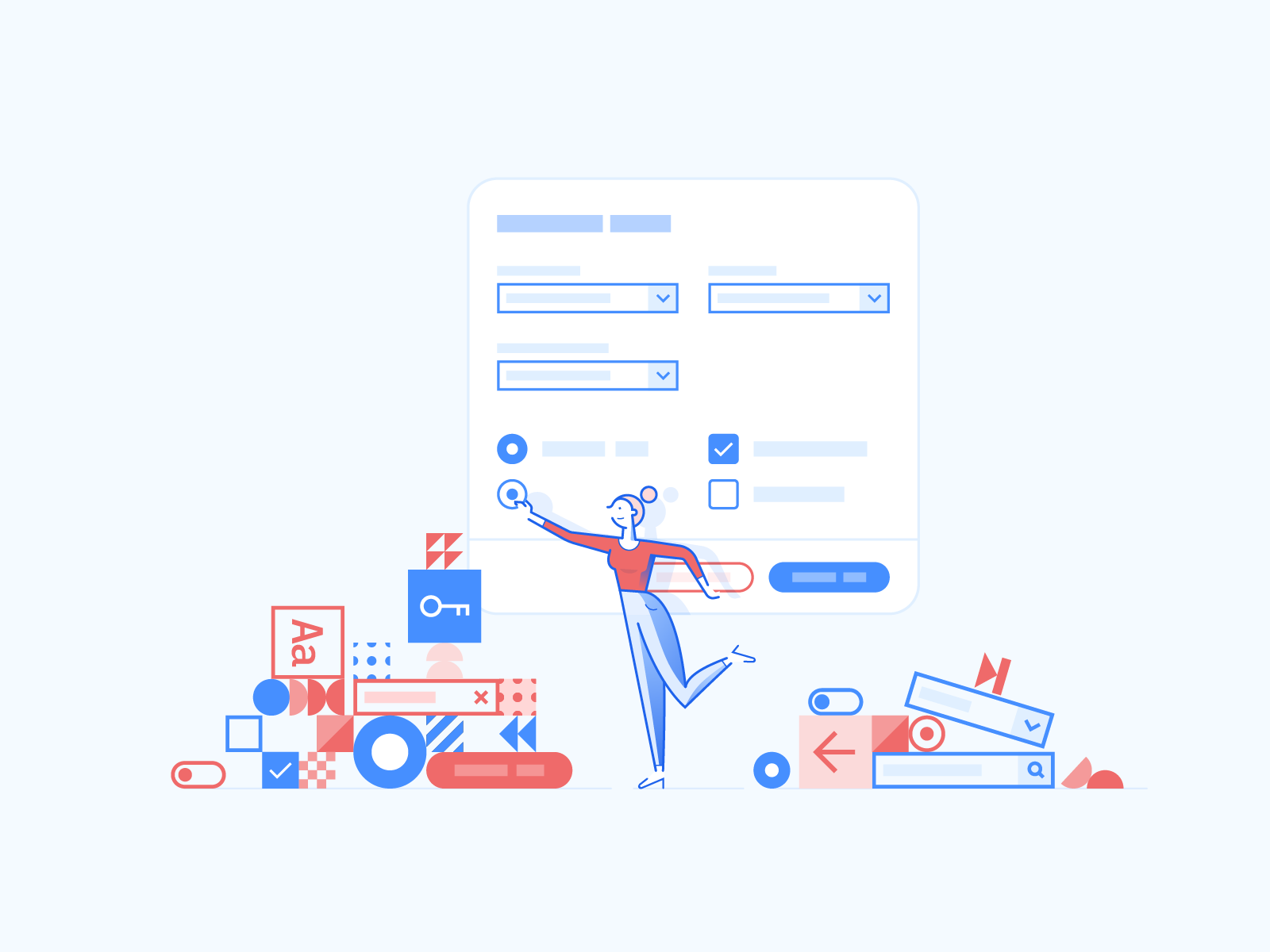 Illustration of a woman filling in a form surrounded by UI components
