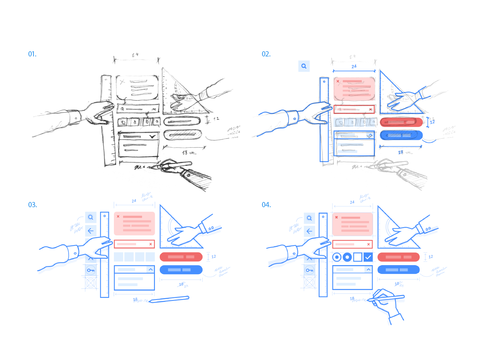 Illustration process from pencil sketch to final vector, in four steps