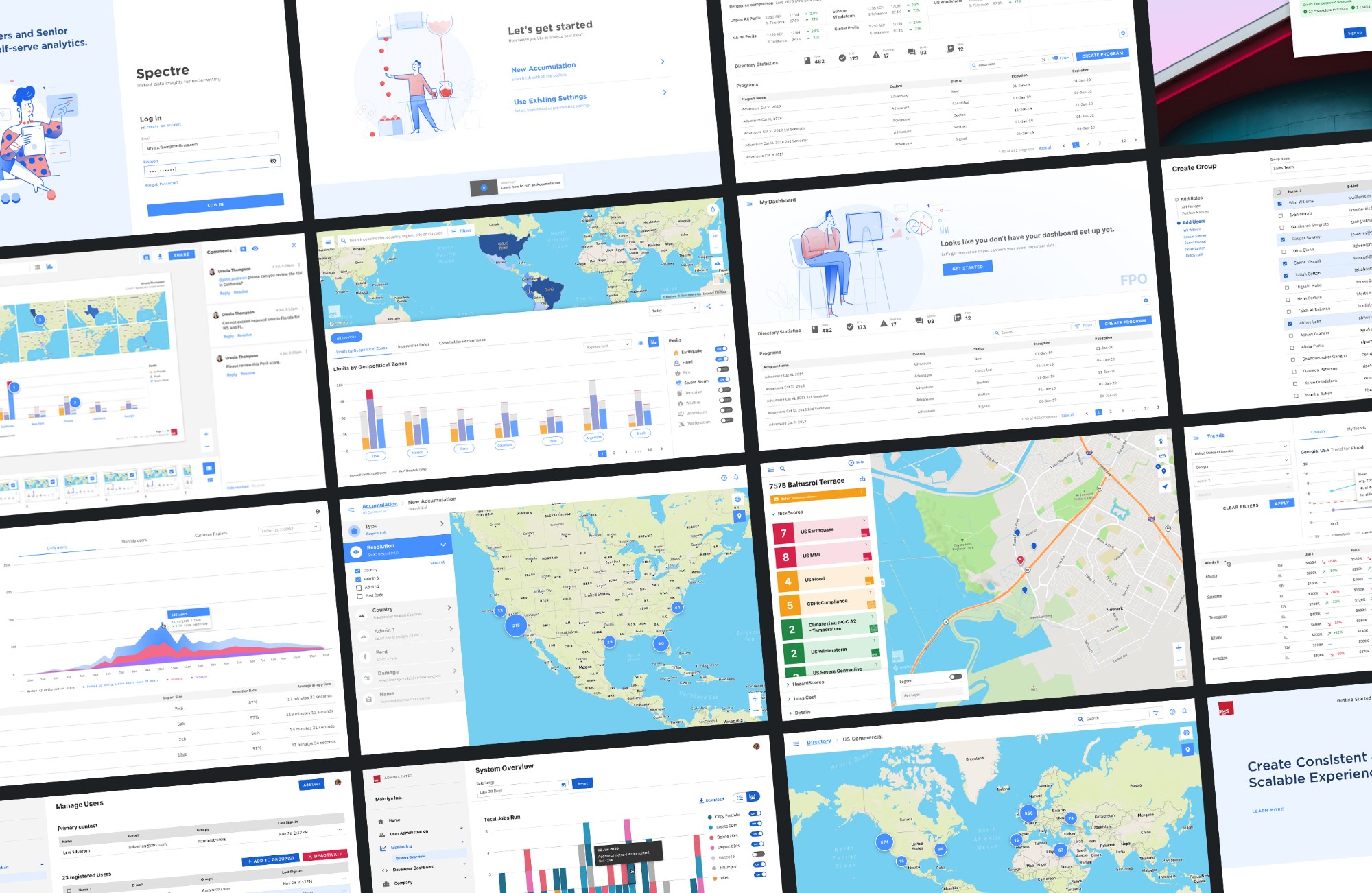 RMS product screens built with Radius: login, onboarding, dashboards, maps and admin tools