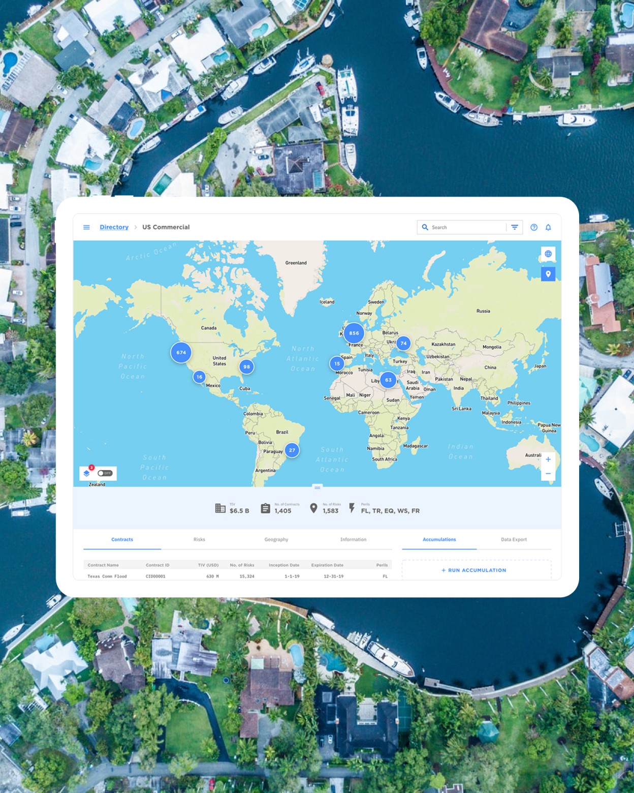Tablet showing an RMS portfolio map built with Radius, over an aerial photo of a waterfront neighbourhood
