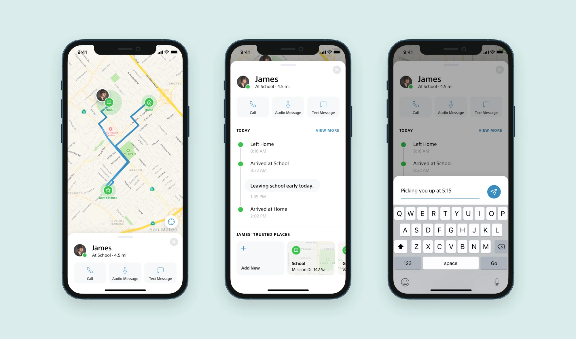 James on the map with his route, his timeline and trusted places, and a text message being written