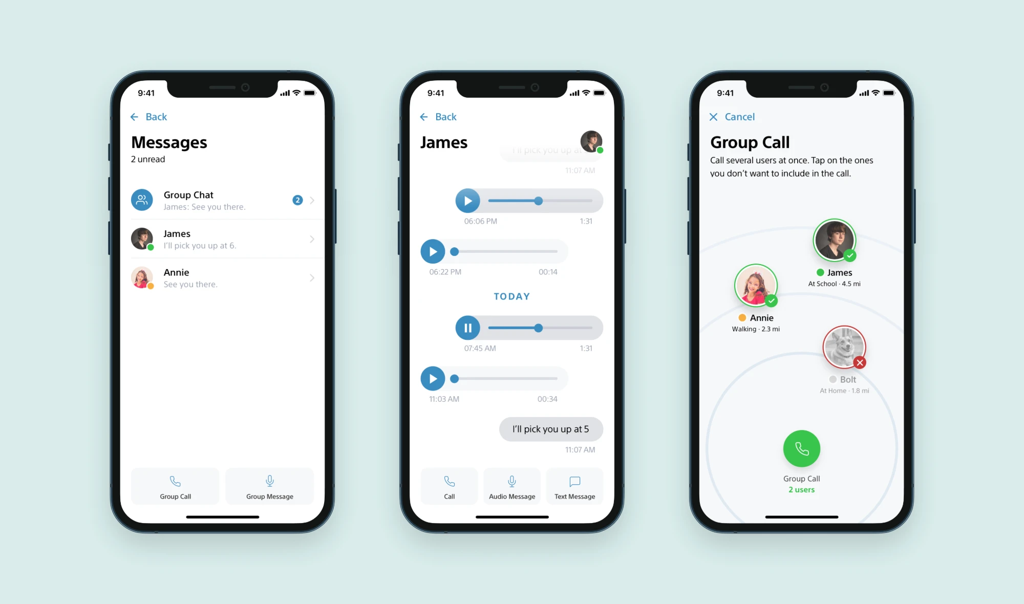 Messages list, an audio message conversation and the Group Call screen