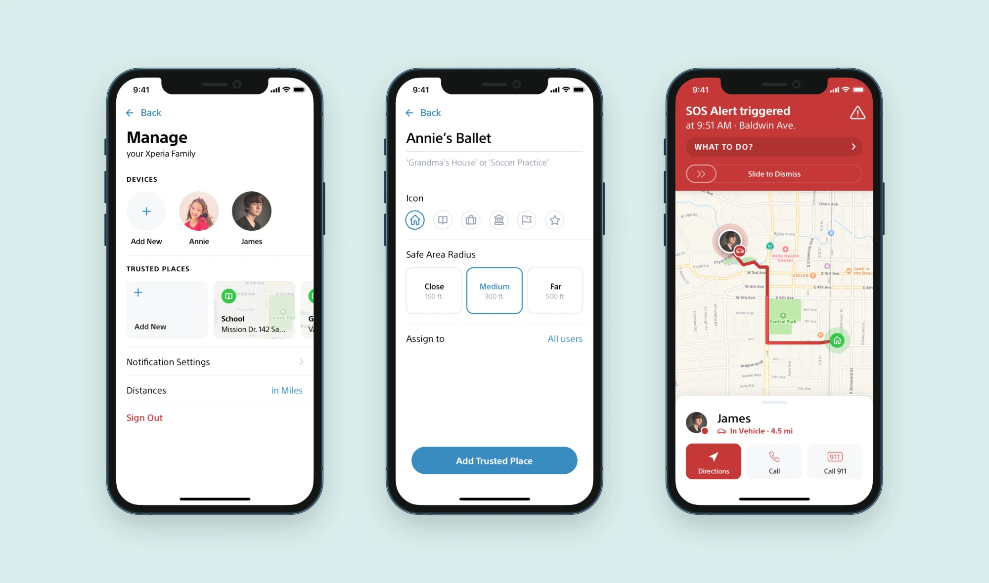 Manage screen, adding a trusted place called Annie's Ballet, and an SOS alert
