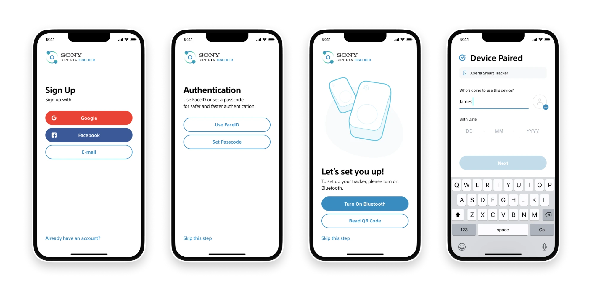 Sign-up, authentication, tracker set-up and device pairing screens
