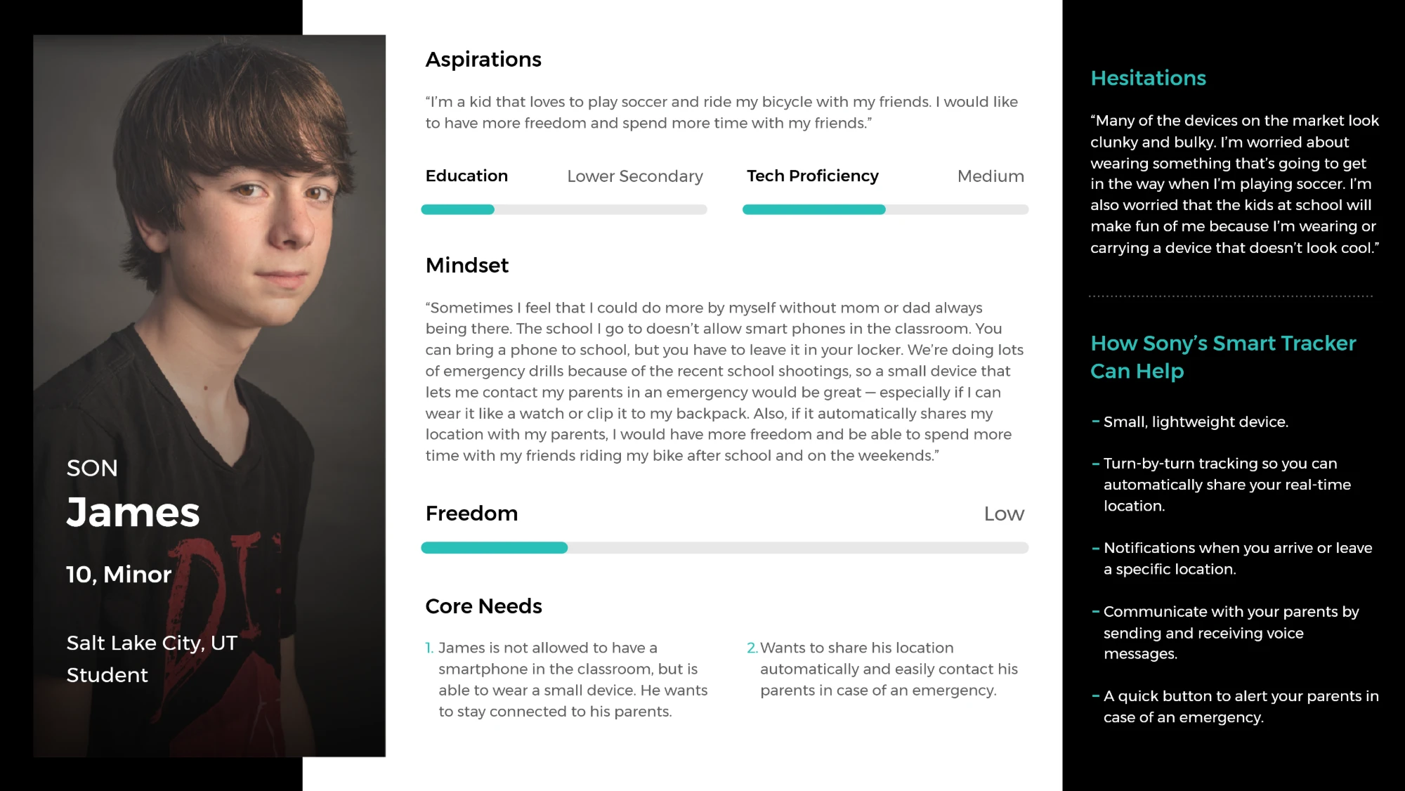 Persona card for the son, James, 10: aspirations, mindset, core needs, hesitations and how the tracker can help