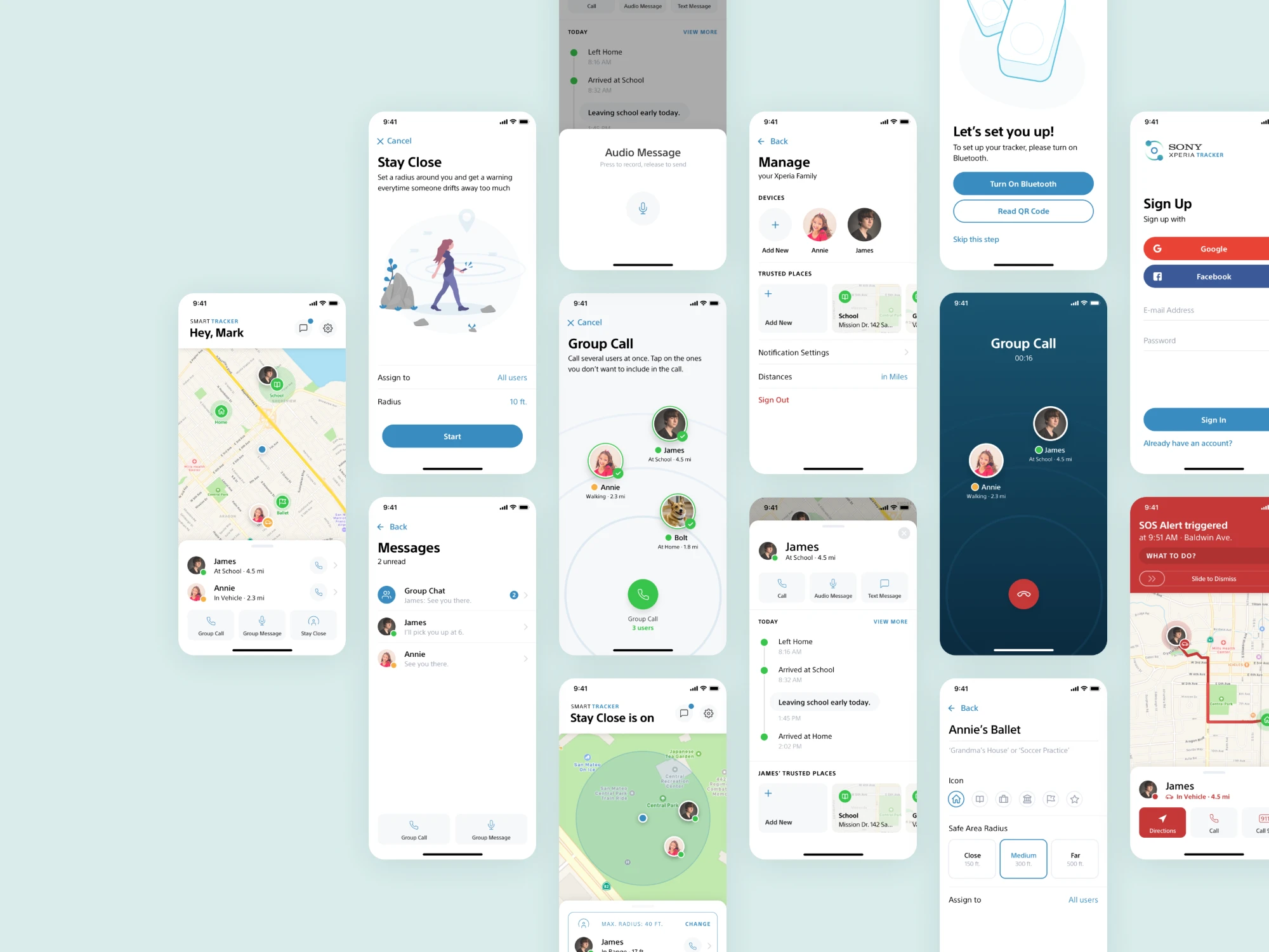 Collage of app screens: home map, Stay Close, group call, messages, Manage, set-up, sign-up and SOS alert