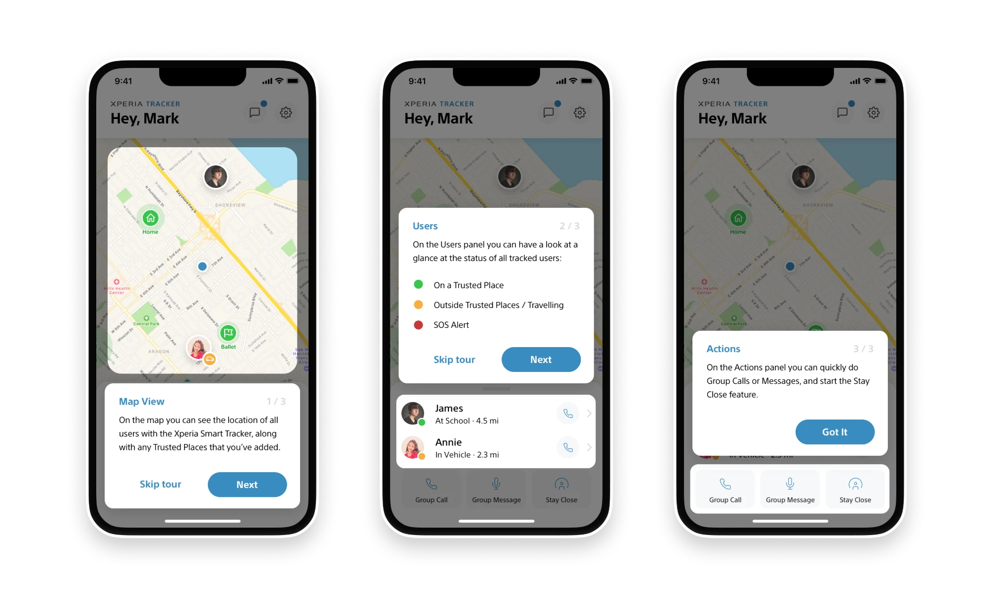 Three-step onboarding tour of the home screen: map view, users and actions